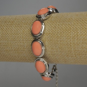 Clearance Pink Coral Bracelet (Artificial) Oval in Metal Setting 20x14 mm +/- Toggle Clasp 19-23 cm