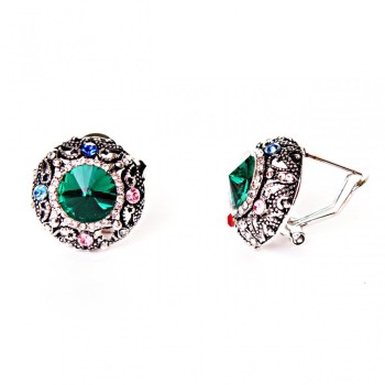 2 cm rainbow hoop earrings with rhinestones and a green crystal