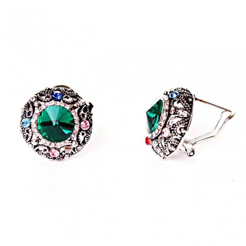 2 cm rainbow hoop earrings with rhinestones and a green crystal