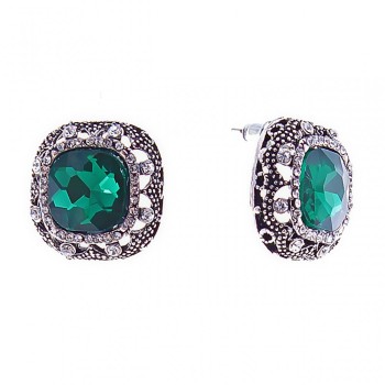 Stud earrings with green square crystals in a rhinestone setting, 20mm