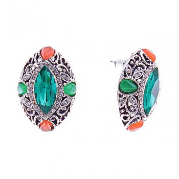 Stud Earrings with Green Marquise-Cut Crystals, Pavé-Set, 26 x 19 mm