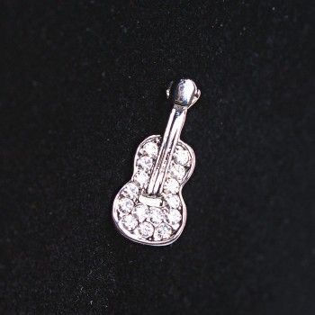 Small Guitar Brooch, Silver metal with crystals, 2.5 cm