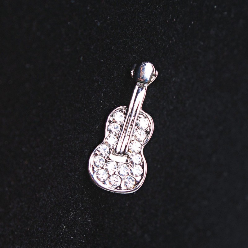 Small Guitar Brooch, Silver metal with crystals, 2.5 cm