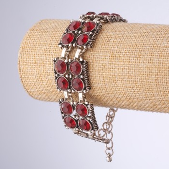 Bracelet with red square crystals, 'Eastern Bride' series, length 18-23 cm, metal color 'silver'