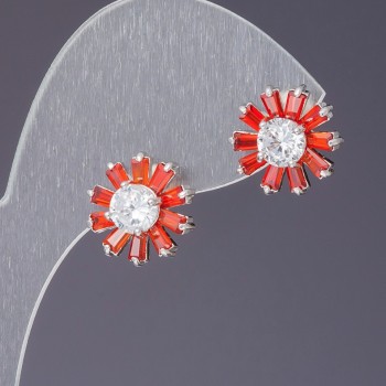Earrings with Red Crystals and White Center, Length 1.2 cm
