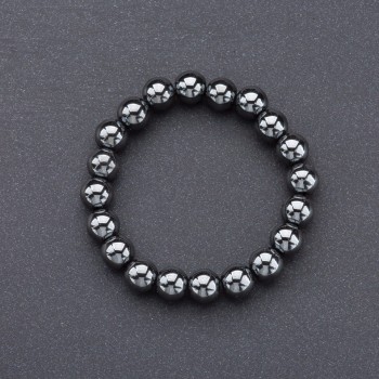 Natural hematite stone bracelet on elastic – smooth beads, 10 mm diameter