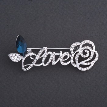 Brooch 'Love with a Rose' blue crystal 6x3 cm, metal color 'silver'