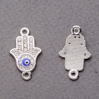 Findings - Hamsa Hand Pendant Connector with Rhinestones, Eye of the Hamsa, Silver, 2.5x1.3 cm, pack of 3
