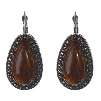 Clearance. Tiger's Eye Earrings, Dot-Cross setting, Drop-shaped stone, 3×2 cm, length 4 cm