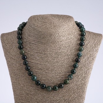 Moss Agate Natural Stone Necklace with Smooth Beads, 10mm Diameter, 50cm Length