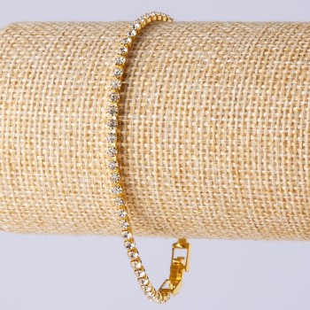 Rhinestone bracelet with a clasp, single-row, metal color "gold", length 20 cm, width 3 mm