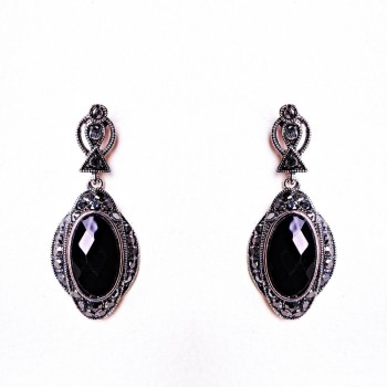 Oval Openwork Earrings Black Crystal (40 × 20mm)