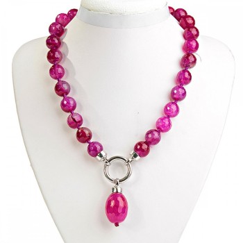 Pink Agate Bead Necklace 14mm with Barrel Pendant 40mm, Length 52 cm