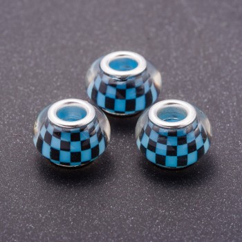 Blue Pandora bead, chessboard pattern, plastic, 13 mm diameter, 5 mm hole, pack of 11
