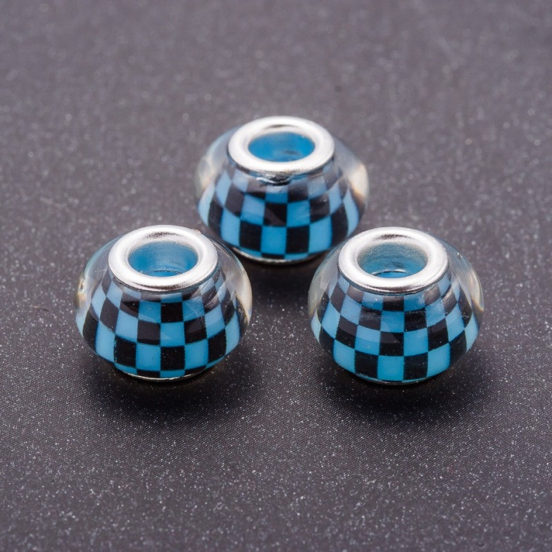 Blue Pandora bead, chessboard pattern, plastic, 13 mm diameter, 5 mm hole, pack of 11