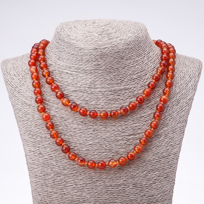 Long Carnelian Necklace with Natural Stone, Smooth Round Beads, 8 mm Diameter, 120 cm Length