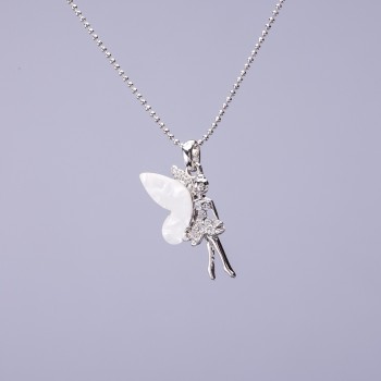 Pendant 'Elfina' on a token chain, white mother-of-pearl, diameter 20x10 mm, length 50 cm, gray metal