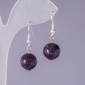Earrings with natural amethyst stone, smooth ball, diameter 12 mm, length 3 cm