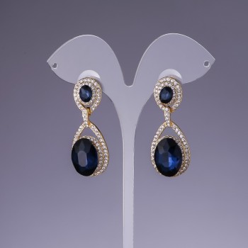 Earrings with blue crystals, 4.5 cm long, yellow metal