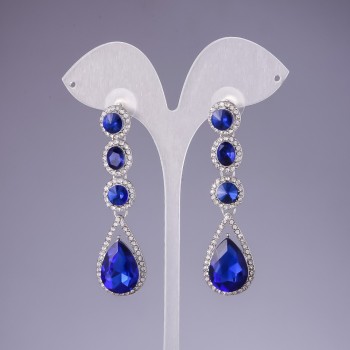 Earrings with blue crystals, 6 cm long, gray metal
