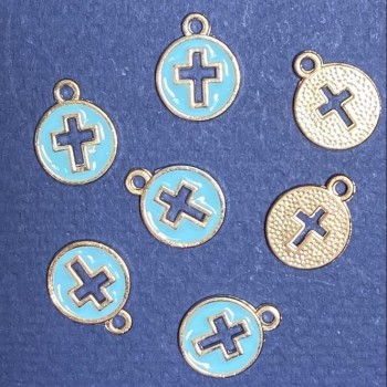 Cross pendant blue enamel gold-tone, 12 mm diameter, 15 mm length, hole Ø5 mm, 10 pcs