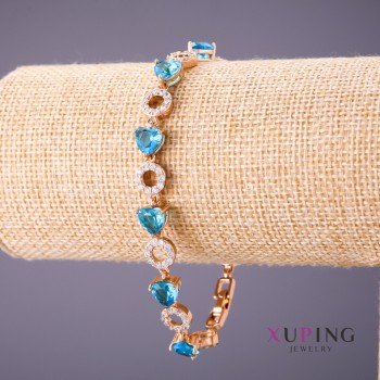 Xuping Bracelet with Blue Stones and White Rhinestones, 18-20 cm Length, 8 mm Thickness, Gold Tone