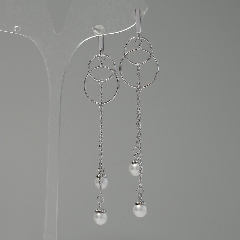 Earrings 'Itaolyao' 'Pearl Beads', diameter 18 mm, length 85 mm, color: silver