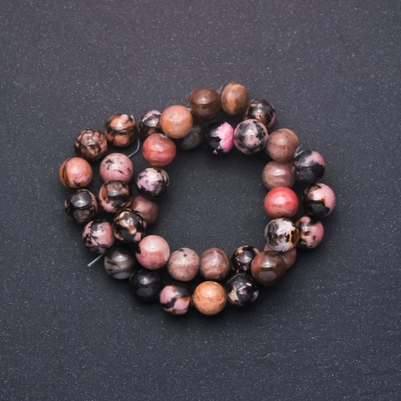Rhodonite natural stone beads, smooth round beads, 10 mm diameter, thread length about 38 cm