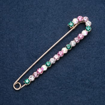 Coat brooch pin in multicolored rhinestones, 100x20 mm, metal color 'gold'