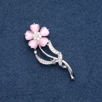 Flower Brooch with Pink Cat's Eye Stone 57×23 mm, Metal Color 'Silver'