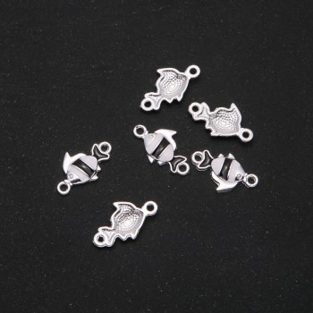 Fish-shaped Connector, Black Enamel, 22x13 mm, Pack of 6, Gray Metal