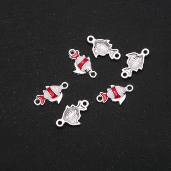 Findings 'Fish' Connector with Red Enamel 22x13mm, Pack of 6, Gray Metal