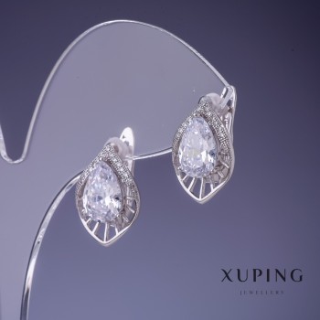 Xuping Earrings with White Crystals, Rhodium-Plated
