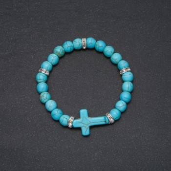 Turquoise bracelet, 8 mm diameter ±, cross insert 24×18 mm ±, circumference 18 cm on elastic