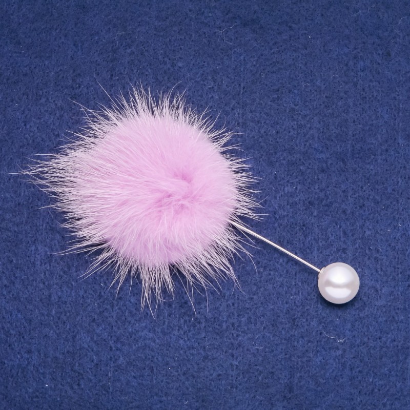 Lilac Mink Fur Brooch with Pin, 50 mm Diameter, 90 mm Length