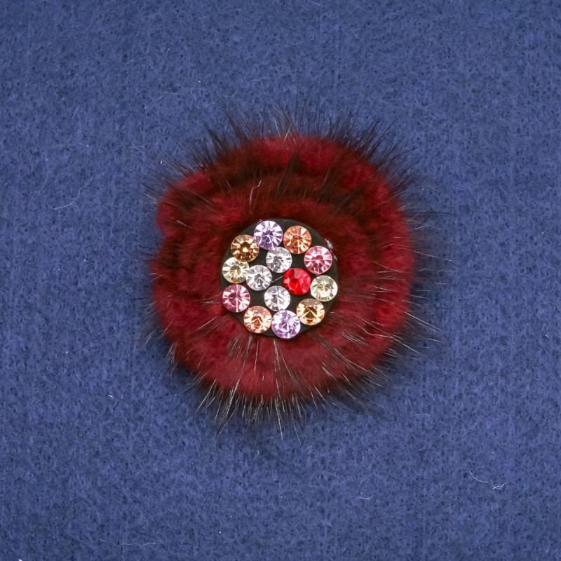 Burgundy mink fur brooch with crystals, 60 mm diameter