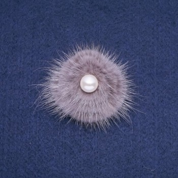 Grey mink fur brooch with bead, 50 mm diameter