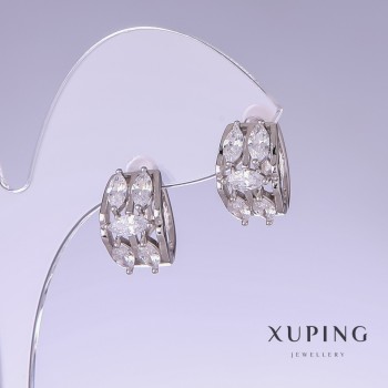 Xuping Earrings with White Zircons, 15mm length, 10mm thickness, Rhodium-Plated