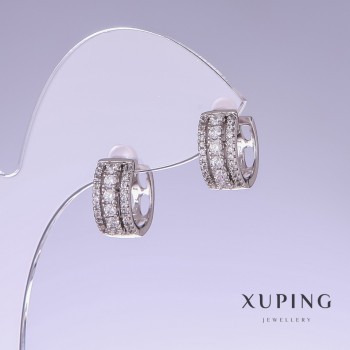 Xuping Earrings with White Crystals, 14mm Long, 6mm Thick, Rhodium-Plated