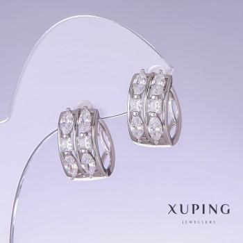 Xuping Earrings with White Cubic Zirconia, 15mm Long, 9mm Thick, Rhodium-Plated