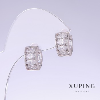 Xuping Earrings with White Zircons, 14mm long, 7mm thick, Rhodium-plated