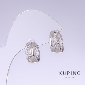 Xuping Earrings with White Rhinestones, 14mm Length, 7mm Thickness, Rhodium