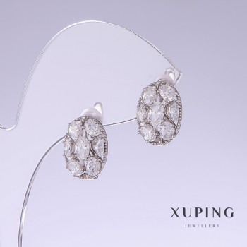 Xuping Earrings with White Zirconia, 14 mm long, 10 mm thick, Rhodium-plated