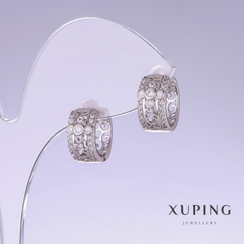 Xuping Earrings with White Rhinestones, 14mm Length, 7mm Thickness, Rhodium