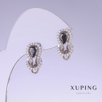 Xuping Earrings with Black Cubic Zirconia, 17 mm Long, 9 mm Thick, Rhodium-Plated