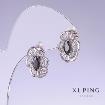 Xuping Earrings with Black Cubic Zirconia, 17mm Length, 12mm Thickness, Rhodium-Plated