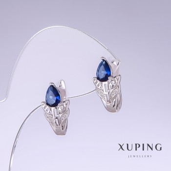 Xuping Earrings with Blue Zircons, 19mm Length, 10mm Thickness, Rhodium-Plated