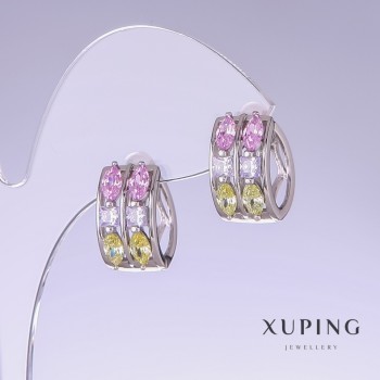 Xuping Earrings with Multicolored Zircons, 11 mm long, 10 mm thick, Rhodium-plated