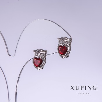 Xuping 'Owls' Earrings with Red Cubic Zirconia, 13 mm long, 9 mm thick, rhodium-plated