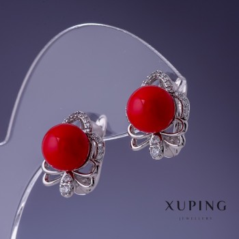 Xuping Earrings with Red Mallorca Pearls 17x13 mm Rhodium